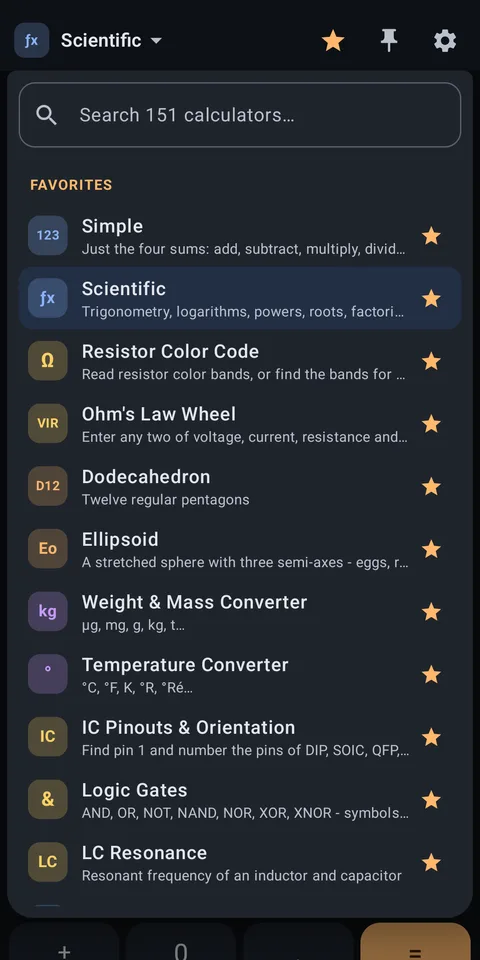 The menu: search 151 calculators